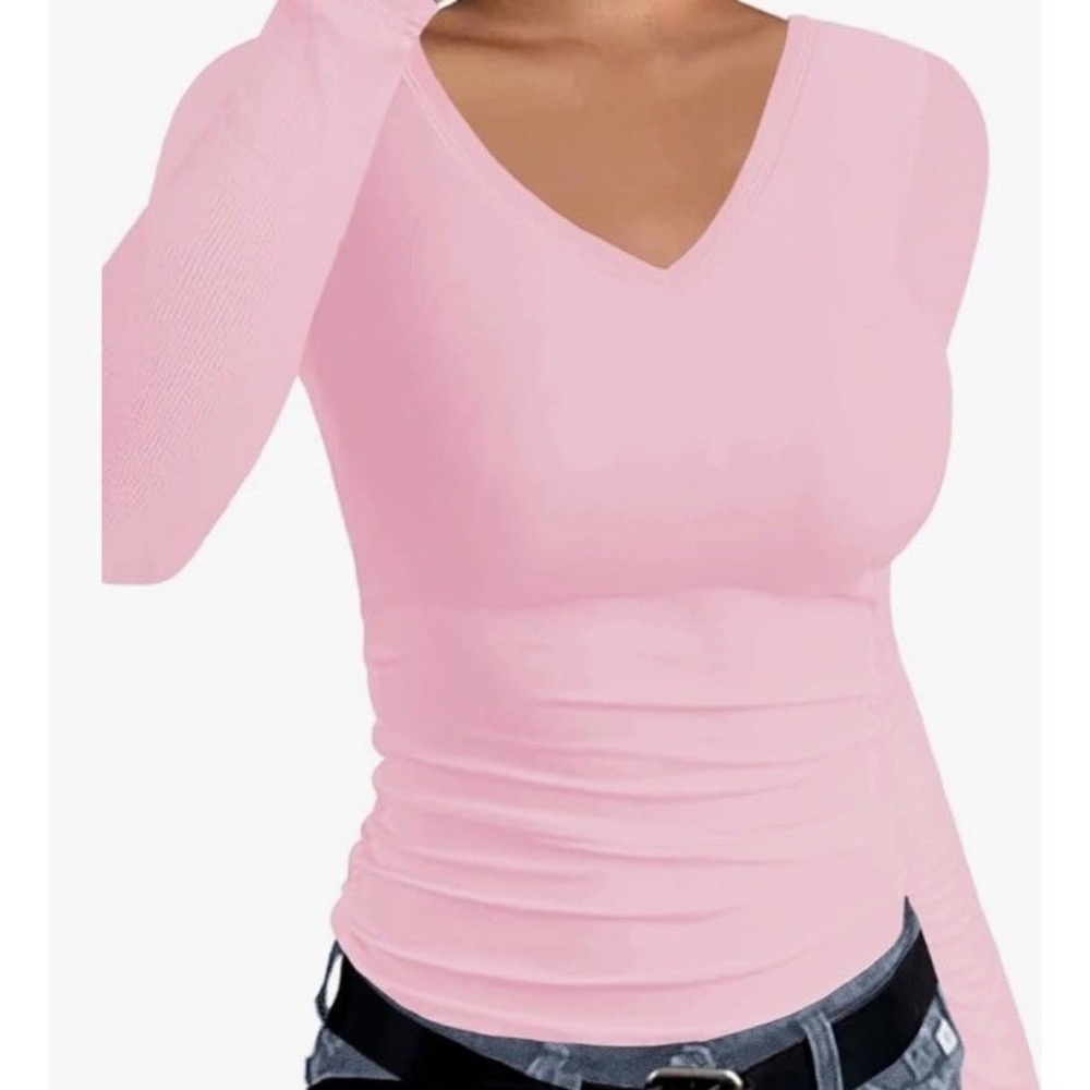 Afibi Long Sleeve Top Women XL Pink New Ribbed V-Neck Slim Fit Stretchy Basic